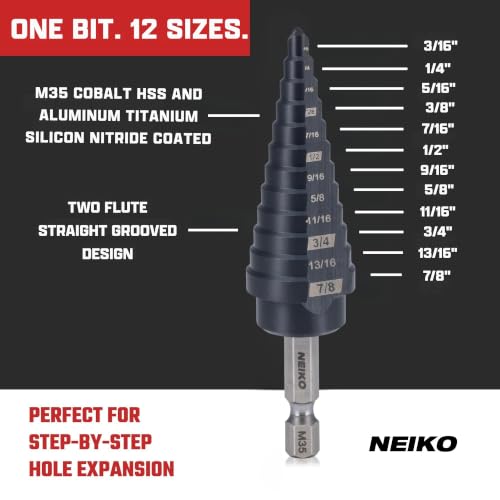Image of NEIKO 10610B Step Drill Bit, 12 Steps 3 /16 inch to 7 /8 inch Straight M35 Cobalt, AlTiSiN Coated, 1 /4 inch Quick Change Step Bits for Steel, Metal, Wood, Plastic, Unibit Cone Drill Bits, Two Flute