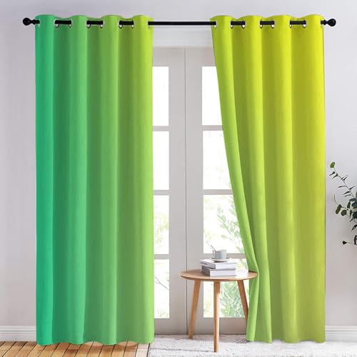 zcwl Green Yellow Ombre Curtains for Bedroom Living Room, Lime Green Patterned Blackout Curtains, Thermal Insulated Eyelet Curtain, 90 Drop Window Treatments Drapes, 66x90 Inch (W x L), 2 Panels - Image 3