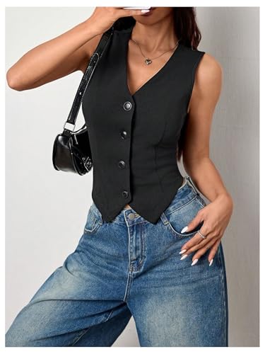 Milumia Women's Button Front Blazer Vest Sleeveless V Neck Asymmetrical Hem Tank Tops3