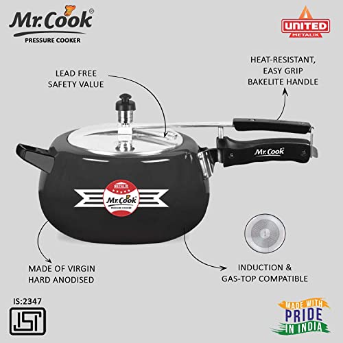 Image of MR COOK By United Metalik Elite Plus Aluminium Induction Base Hard Anodised Pressure Cooker with Stainless steel Inner Lid, Lead Free Safety Valve, Easy Grip Handle, Gas stove Compatible, 60 months warranty (Black) (5 Litre)
