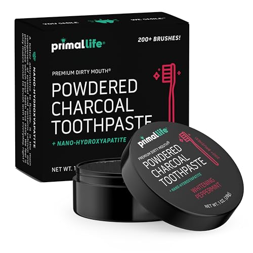 Image of Primal Life Organics - Dirty Mouth Toothpowder, Activated Charcoal Tooth Cleaning Powder, Essential Oils with Kaolin & Bentonite Clay, Good for 200+ Brushings, Organic, Vegan (Black Peppermint, 1 oz)