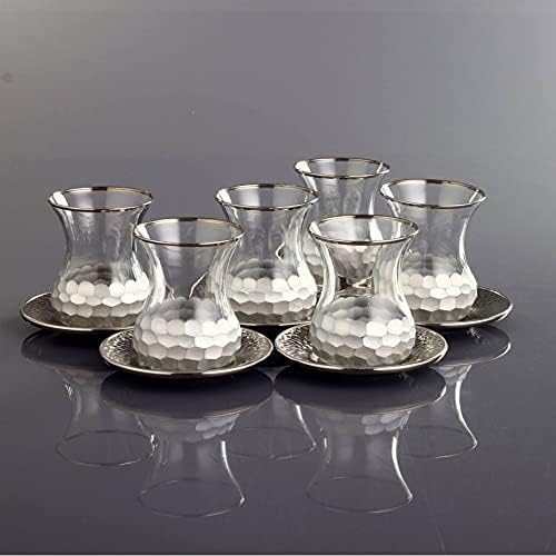 Turkish Tea Set of 12 pcs, 6 Turkish tea Cups and 6 metal tea cup saucers. Elegant modern tea gift sets, hand cut Silver rimmed and painted leaf inside. Hand Made in Turkey (12, Platinum)