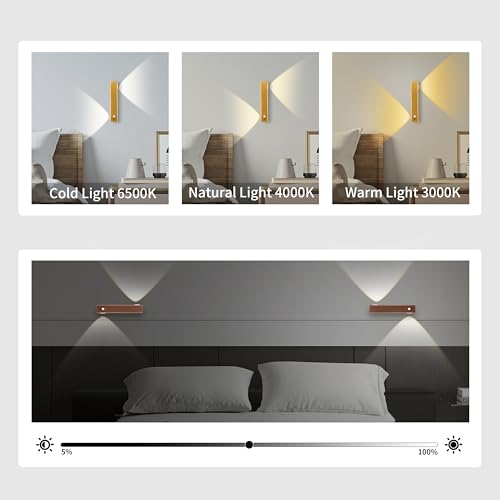 Image of Motion Sensor LED Night Lights, 2500 mAh Rechargeable Battery Operated Indoor Wall Light Without Power Connection with Switch, Wireless Wall Lighting Battery for Cabinet Bedroom Stairs (Gold)