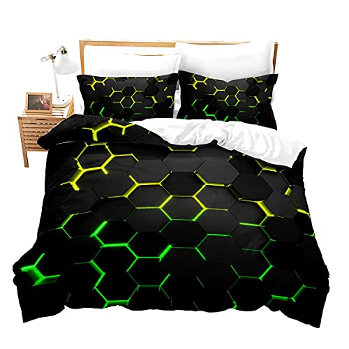 Honeycomb Bedding Duvet Cover Queen Size,Geometry Hexagon Theme With Green Yellow Neon Lights Comforter Cover,Boys Teen Man Chic Creative Home Bedding Quilt Cover 3Pcs With 2 Pillowcases,Black #TOP2