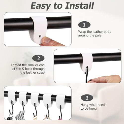 Kixolo Kleiderhaken Garderobe, 10 Stück Haken mit Lederschlaufe, Edelstahl S Haken Schwarz, Garderobenhaken, 12,5 * 3cm, Kleiderhaken für Garderobe und Camping (Weiß)