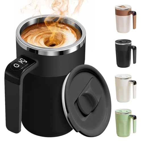 Rechargeable Automatic Stirring Coffee Cup with Temperature Display, 13.5oz Self-Stirring Mug with Lid, Stainless Steel Material Suitable for Coffee, Milk, and Other Beverages(Black)