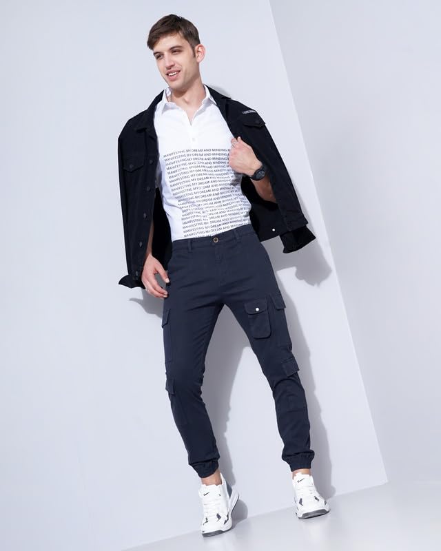 Image of British Club 98% Cotton, 2% Elastane Slim Fit Cargo Jogger Pants | Flat-Front Design | Adjustable Waistband | Multiple Pockets | Lightweight Fabric | Modern Style | Comfortable | Durable Black