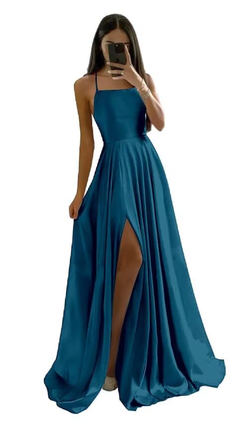 Satin Bridesmaid Dresses Long with Pockets Spaghetti Straps A Line Backless Formal Evening Party Gowns with Slit 2025