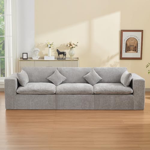 Image of 115''Cloud Boneless Sectional Couch, Modular Sectional Sofa Deep Seat, Oversized Upholstered Convertible Comfy 3 Seater Chenille Memory Foam Sofa Couches for Living Room, Light Grey
