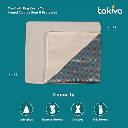 Image of TAKIVA Cotton Canvas Saree Storage Bags (Pack of 2) | Cotton Bags for Clothes Storage | Bags for Storing Clothes and Blankets (Off White)