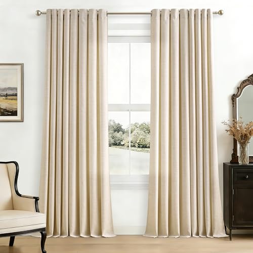 Seeluck Warm Beige Oatmeal Linen Curtains 96 Inch Length 2 Panels Set Sand Ecru Light Filtering Semi Sheer Grommet Drapes Thick Linen Privacy Floor to Ceiling Length Curtain Living Room 8ft