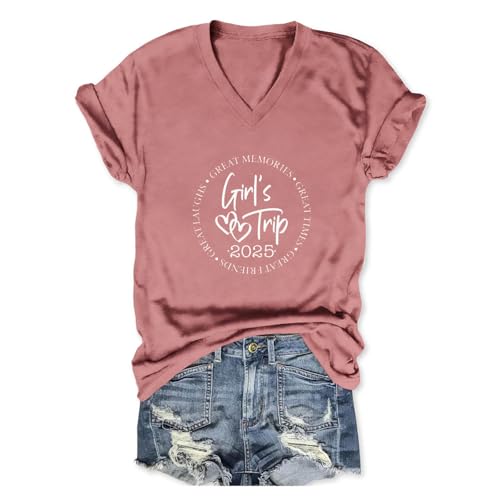 Girl's Trip T Shirts 2025, V Neck Girls Trip T Shirts for Women 2025 Casual Loose Fit Graphic Tees Short Sleeve Tops
