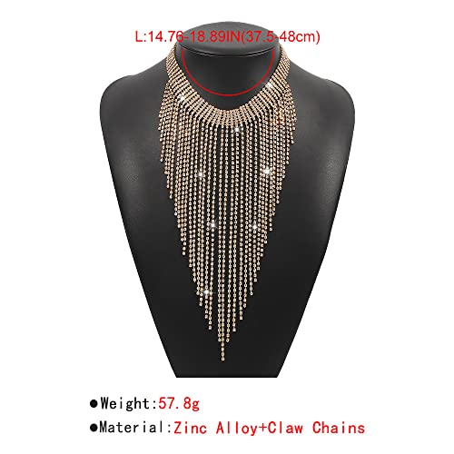 Aomcisi Fashion Women Sexy Rhinestone Bib Choker Necklace Tassel Long Chain Necklace (Gold) #TOP3