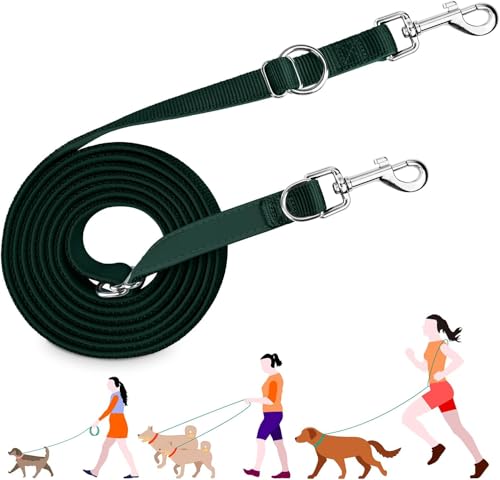 PETCOOZ Guinzaglio Addestramento e Doppio per Cani 3M Regolabile, Multifunzionale, Resistente e Anti-sporco, Verde Scuro