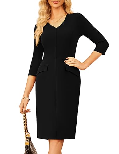 GRACE KARIN Damen Business Etuikleid 3/4 Ärmel Midikleid Festlich Partykleid Schwarz M