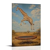 Animal Oil Painting- A Giraffe Doing Backflips on A Trampoline Tower Above The Savannah Modern Artistic Wall Mural Hanging Decor Poster20x30inch(50x75cm)