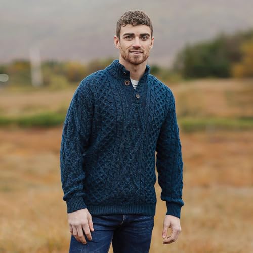 Irish Diamond Pattern Merino Wool Troyer Sweater (Atlantic Blue, Large)2