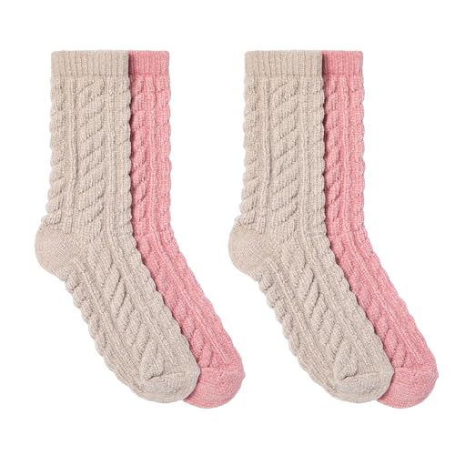 Martha Stewart Women's Slipper Socks, Calcetín Zapatilla Chenille Cozy Warm Winter, Cálida Gift, Silver Grey/Powder Pink Cable