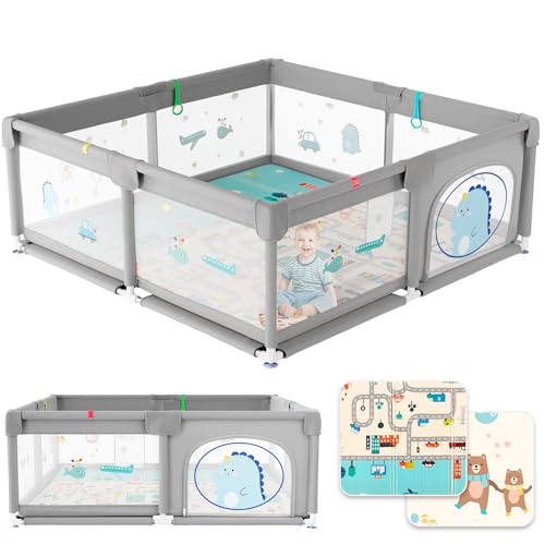 JUPPLIES Parque Infantil para Bebé XL 150x180 cm con Alfombra y 5 Agarraderas, con Puerta Lateral y Malla Transpirable, Estructura Metálica, Gris con dibujos - Corralito de Bebe - Baby Playpen