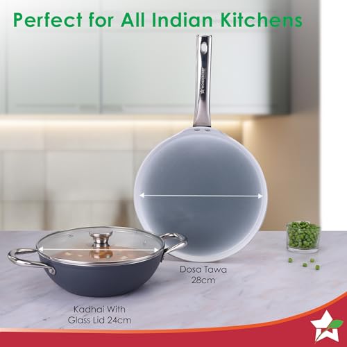 Image of Wonderchef Eco-Glide Ceramic Cookware Set, Kadhai & Glass Lid-24cm, Dosa Tawa-28cm, Non-Toxic, Chemical & PFOA Free, Stainless-Steel Handle, Gas /Induction Compatible, Low Oil Cooking, 2-Year Warranty