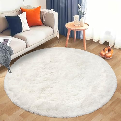 Round Cream Fluffy Rug - 3FT Super Soft Circle Rug for Kids & Nursery - Shaggy Plush Fuzzy Carpet for Boys & Girls Rooms