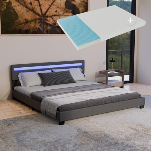 Juskys Polsterbett Paris 180x200 cm mit LED Beleuchtung, Matratze, Lattenrost & Kopfteil - Kunstleder & Holz - schwarz - Bett Doppelbett Bettgestell