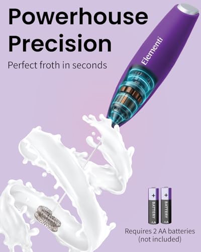 Image of Elementi Milk Frother Wand - Easy to Use Handheld Electric Stirrer for Powder Drinks, Durable & Powerful Coffee Whisk & Protein Powder Mixer Wand, Hand Frother, Coffee Stirrers Electric (Purple)