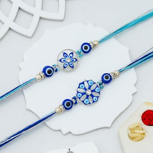 Image of eCraftIndia Set of 2 Floral Evil Eye Rakhi for Brother | Designer Rakhi Set | Designer Rakhis | Best Bro Ever Fridge Magnet | Roli Chawal Pack