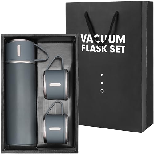 Belle Vous Termo Gris de 500 ml - Botella Termica de Doble Pared de Acero Inoxidable con Tapa y 2 Tazas de Café - para Mate Argentino Cafe Te Infusiones Agua Fria o Caliente