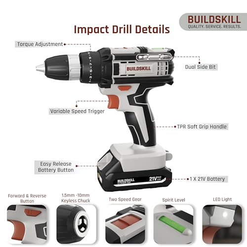 Image of BUILDSKILL 21V Cordless Drill Machine for Home Use | Impact Drill with 10MM Keyless Chuck | 1.5 Ah Single Battery | Charger | Variable Speed | LED Light | Forward & Reverse Motion | 6 Months Warranty