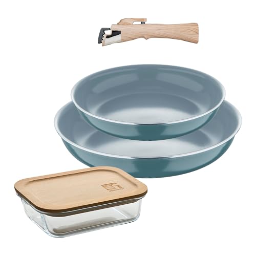 Bergner Click&Cook Juego de 2 Sartenes Ø24Ø28cm Aluminio prensado reciclado Verde con Mango extraíble+Hermético de 650ml en vidrio de borosilicato