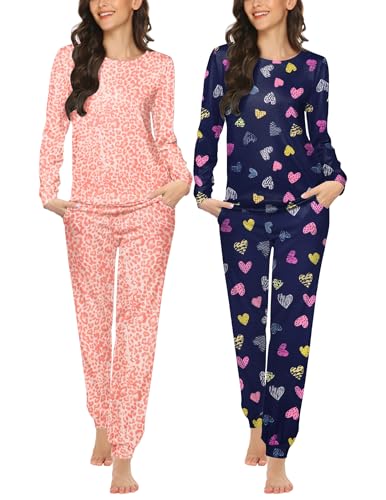 Image of Ekouaer 2 Pack Pajama Sets for Women,Long Sleeve Top With Jogger Pants Lounge Set Sleepwear with Pockets