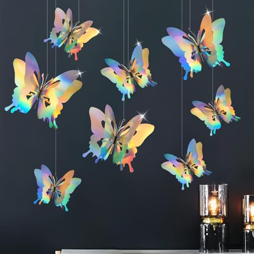 Homarkable 8 Pcs Iridescent Hanging Butterfly Decorations, Butterfly Birthday Decorations, Shiny Foil Look Thick 3D Paper Butterflies for Birthday, Baby Shower, Wedding, Centerpiece or Hanging Decor