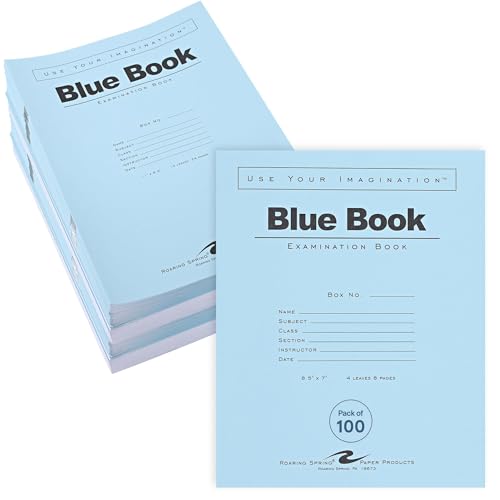 ROARING SPRING Exam Blue Books, 100 School Examination Booklets, 8.5' x 7', 4 Sheets/8 Pages, Wide-Ruled with Margin Student Testbook, Made in USA