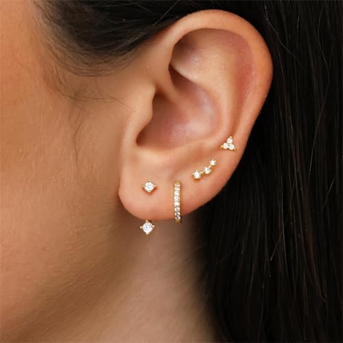 4 Pairs Stud Hoop Earrings Set for Women, Trendy Dangle Jacket Huggie Stacks for Multiple Piercing, Hypoallergenic Cartilage Jewelry Gifts2