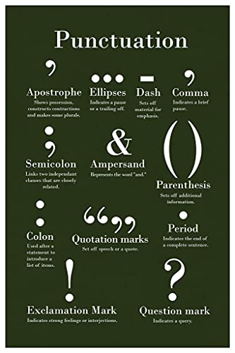 Image of Punctuation Poster For Classroom English Grammar Writing Chart Green Color Class Diagram Cool Wall Art Print Poster 12x18