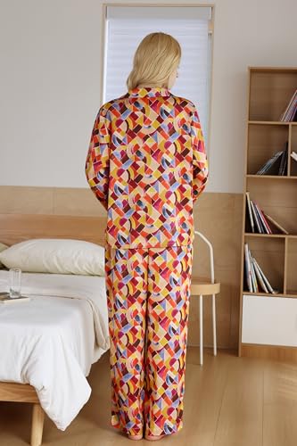 Image of YiNi LuLu Womens Silk Satin Pajamas Set Button Down 2 Piece Pjs Long Sleeve Oversized Sleepwear with Pockets