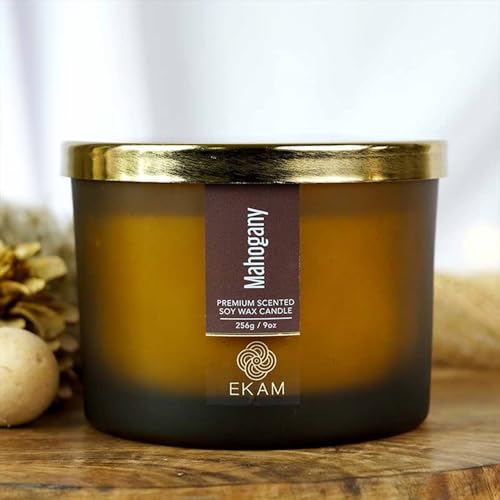 Image of EKAM 3 Wick Soy Wax Scented Candle | Mahogany Fragrance | 35 Hr Burn | Long Lasting Premium Jar Candle for Home Decor, Relaxation & Gifting