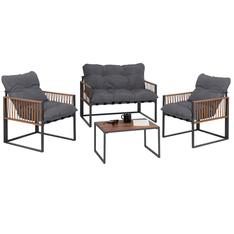 IDMarket - Salon de Jardin Bas Rio Structure en Acier et polyrotin 4 Places avec Coussin Gris