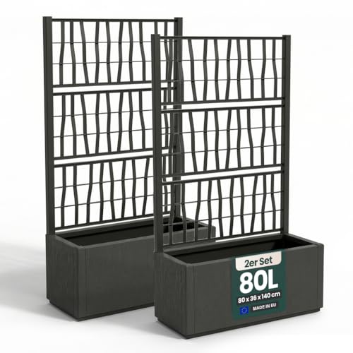 2 x Kreher® XL Rankgitter, Spalier mit Pflanzkasten aus robustem Kunststoff. Maße BxTxH in cm: 80 x 36 x 140 cm. Top für Garten, Terrasse und Balkon! (Anthrazit)