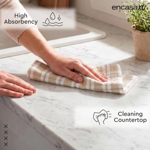 Image of Encasa XO Kitchen Towels Cotton Pack of 4 | 70x45 cm, Franca Beige Checks - Dish Cloths | Highly Absorbent Cleaning & Wiping Cloths for Kitchen | Reusable Tea Towels