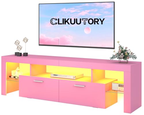 Clikuutory Modern Lighting 63 inch TV Stand with Large Storage Drawer for 50 55 60 65 70 75 Inch TVs TV Console with 20 Color LED Lights Entertainment Center Media and Open Shelf for Bedroom Pink