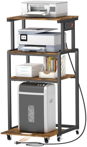 Lifewit 4 Tier Printer Stand with 3 Power Outlets, Wheels and Adjustable Storage Shelf for Home Office, Rolling Printer Cart for Shredder, Scanner, Fax, Rustic Brown