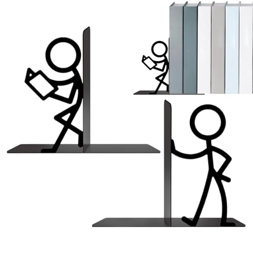 Sujetalibros para estantes - Figura pequeña creativa de 17,5 cm | Sujetalibros de metal | Soporte de libro negro, pedestal pesado, biblioteca decorativa, estante de metal para oficina y salón