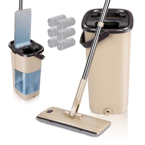 Masthome Juego De Fregona Y Cubo, Mopa Fregona Plana Con Manos Libres, Trapeador De Piso Con 6 Almohadillas De Microfibra Reutilizables, Para Lavado De Suelos Secos Y Húmedos, Marrón