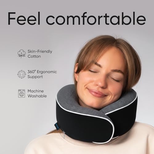 Image of Proglobe Airplane Neck Pillow - Travel Pillow Kit with Pure Memory Foam - Updated Resting Material, Airplane Travel Set with 3D Contoured Eye Masks, Earplugs, and Luxury Bag + Bonus Gift (Black)