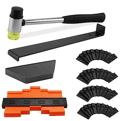 Laminatboden Kit und Konturenlehre mit Feststeller 45 Stück, Vinylboden Verlegeset Laminat Holzfußboden Installations Set, mit 40 Montagekeile, Hammer, Schlagklotz, Zugeisen, für Laminat Parkett