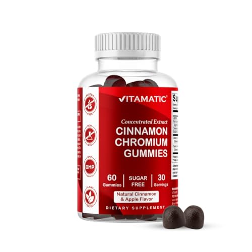 Vitamatic Chromium & Ceylon Cinnamon Gummies Sugar-Free Botanical Extract Supplement Vegan Non-GMO Gluten-Free Plant-Based Gummies 60 Count