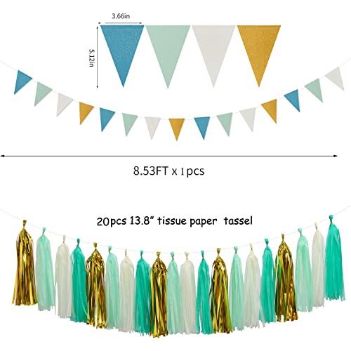 Teal-Blue Mint Beige-Gold 21St-Birthday Party Decorations - 31Pcs Tissue Pom Poms Streamers,Baby Shower Decorations Girl Women Tassel Garland Happy Birthday Banner Decor Panduola #TOP5
