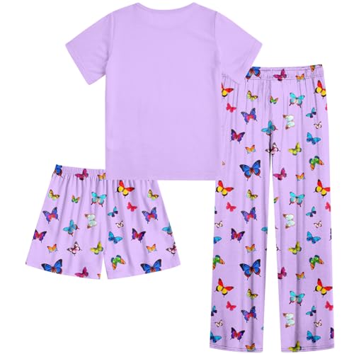 Funnycokid Girls Pajamas 3 Piece Short Sleeve Shirt Top Pants Shorts with Pockets 7-14 Years2